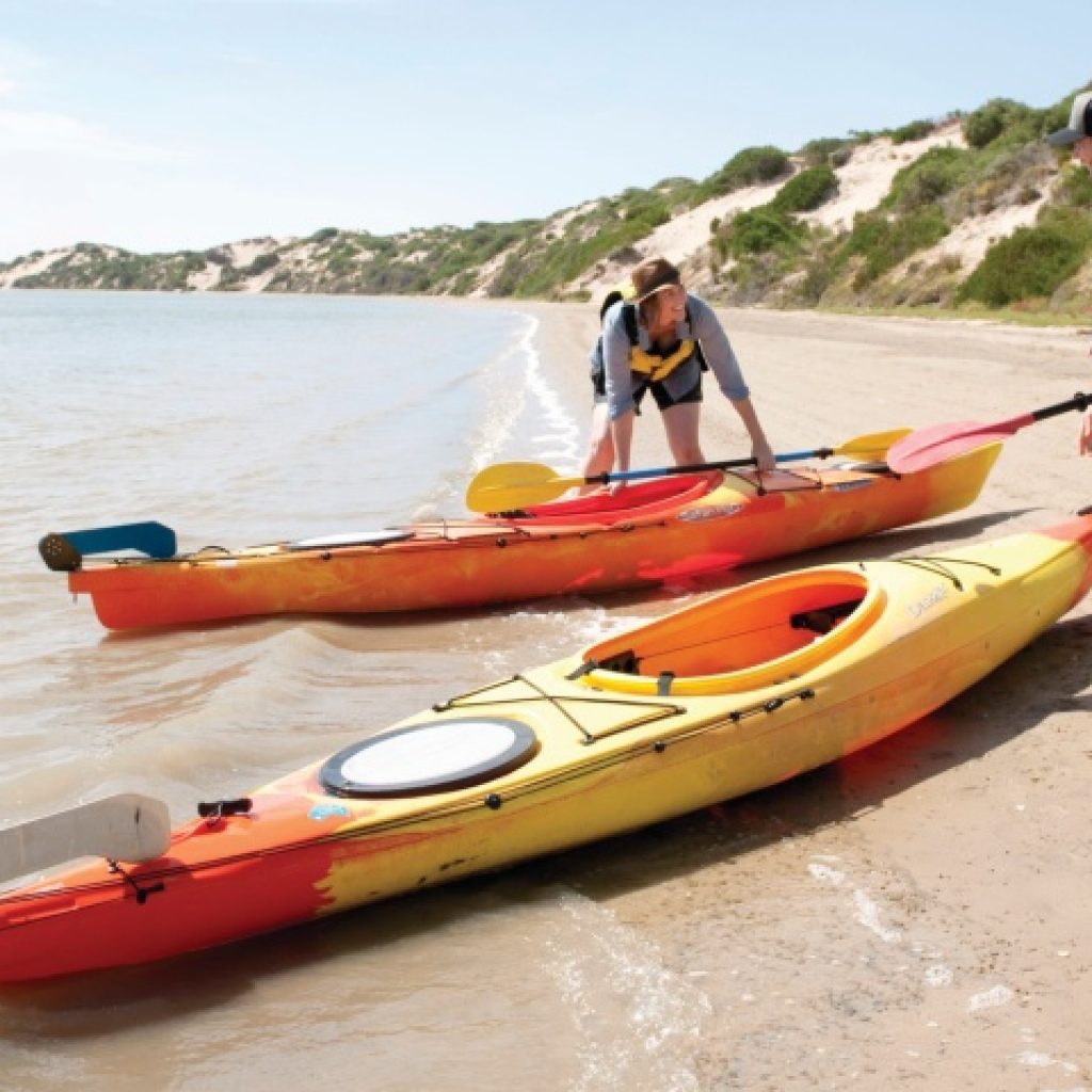 Man and woman with kayaks on beach